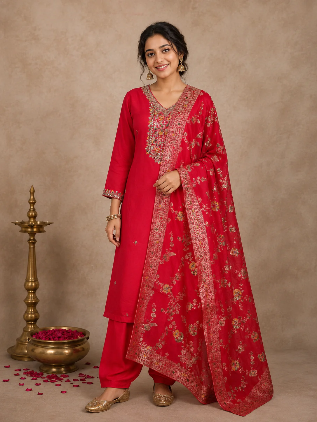Crimson Red Floral Design Cotton Straight Cut Salwar Suit